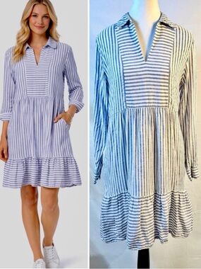 Tommy Bahama St. Lucia Linen-Blend Striped Collared Dress Size XS💚